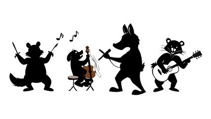 Funny cartoon silhouettes of animals playing musical instruments &mdash; bear drummer, fox guitarist, rabbit singer.