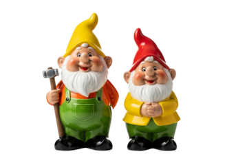 Two cheerful garden gnomes with pointy hats and white beards, one holding a hammer, isolated on transparent background