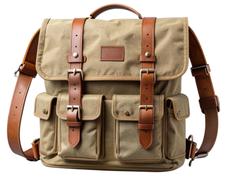 Outdoor Travel Gear with Leather Accents, Transparent Background.