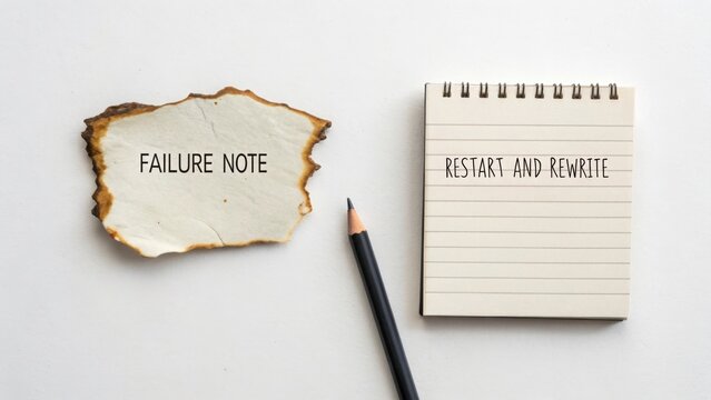 A burned failure note next to a restart written notepad