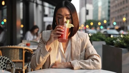national bloody mary day stylish woman sips cocktail at city restaurant - Powered by Adobe