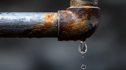 Corroded metal pipe joint exhibits active dripping moisture against a dark background