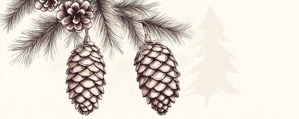 Vector sketch of pine cones hanging from a branch, elegant handdrawn lines, Christmas tree shape in background, festive minimalist illustration