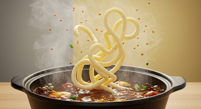Steaming noodle pot with floating noodles and ingredients creates a culinary spectacle and warm
