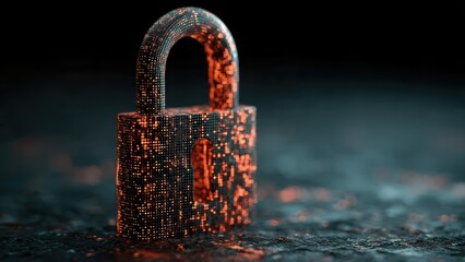 A digital lock rendered in glowing particles, symbolizing cybersecurity and data protection in a dark, abstract environment.