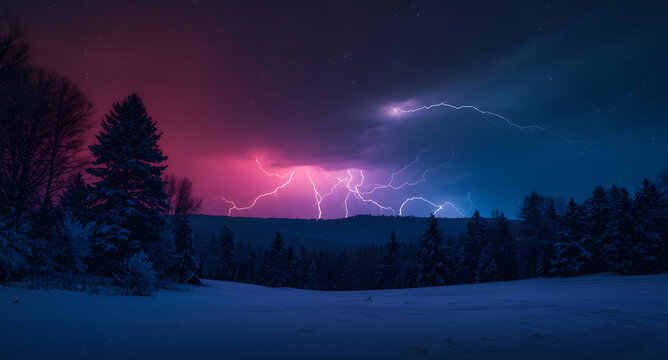 Cinematic snowy night scene with red, blue, and purple lightning illuminating a winter forest, snowflakes falling gently, creating a mystical and surreal atmosphere over snow-covered trees and hills.