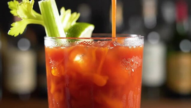 national bloody mary day pouring a fresh cocktail with celery and lime - Powered by Adobe