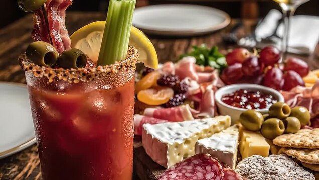 national bloody mary day gourmet drink and appetizer spread - Powered by Adobe