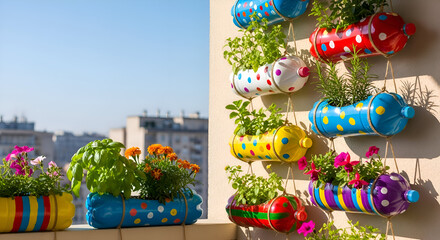 Hanging Herb Garden in Recycled Plastic Bottles on Balcony