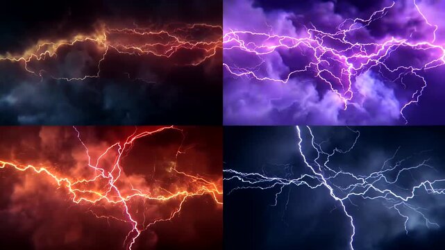 Four panels of colorful lightning bolts against dark, stormy skies