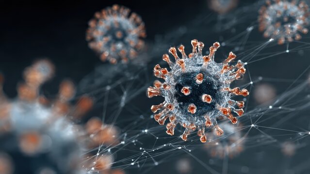 A detailed digital rendering of virus particles, showcasing their structure and surrounding connections, highlighting the complexity of viral biology.