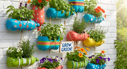 Hanging Herb Garden in Recycled Plastic Bottles on Balcony
