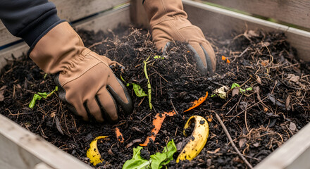 Hands Turning Rich Compost in Wooden Bin
