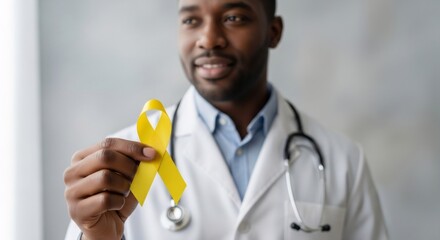 Man African American doctor holds yellow awareness ribbon. Medical professional supports disease chilhood cancer. Banner template healthcare campaign symbol for World Cancer Day and hope.