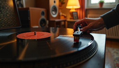 Obraz premium Person placing needle on vintage vinyl record in cozy living room 