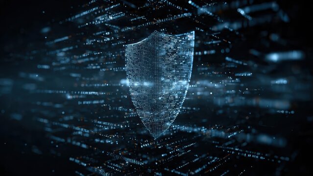 A digital shield made of data points, symbolizing cybersecurity and protection in a futuristic, tech-inspired environment.