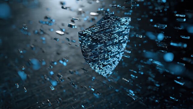 A digital representation of a shield surrounded by floating data fragments, illustrating cybersecurity and protection in a tech-focused environment.