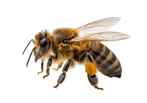 A detailed closeup of a honey bee with its wings spread, isolated on transparent background
