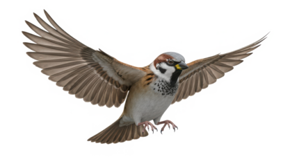 A small sparrow bird with its wings spread wide in mid flight captured in a studio shot isolated on white background