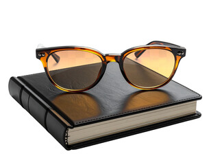 Stylish Stationery Set PNG – Black Notebook and Amber Reading Glasses, Transparent Background.