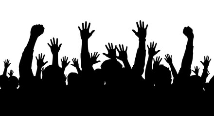 Silhouette of a large crowd of people with their hands raised in the air, creating a dynamic and energetic scene isolated on white background the image captures the excitement and enthusiasm