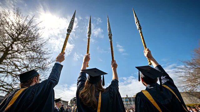 Students in graduation robes raise ceremonial maces against a sunny sky