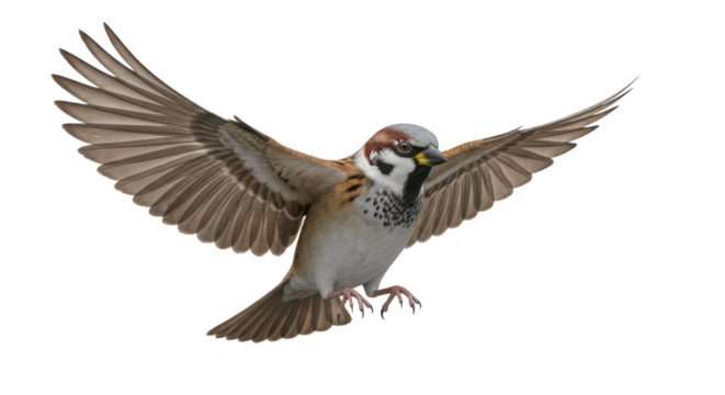 A small sparrow bird with its wings spread wide in mid flight captured in a studio shot isolated on white background