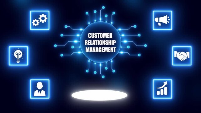 Customer Relationship Management concept with icons for business strategy and growth on dark blue background