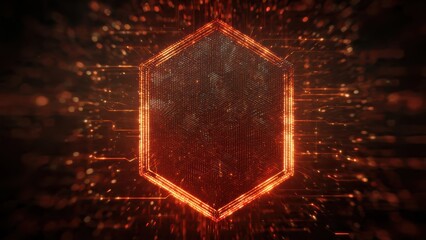 A vibrant, digital hexagonal shape surrounded by glowing, abstract lines, suggesting technology and innovation.