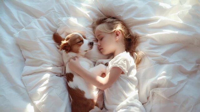 A young girl and a dog are cuddling on a white bedspread. The girl is wearing a white dress, and the dog has a brown and white coat. The bedspread is pristine white.