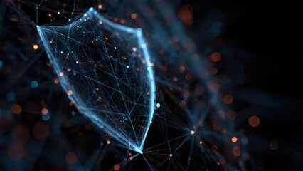 A digital representation of a shield formed by interconnected lines and nodes, symbolizing cybersecurity and data protection in a modern aesthetic.