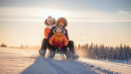 Family enjoying a fun sledding ride together in snowy winter landscape  
