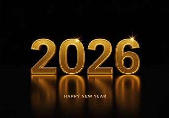 Elegant golden 2026 new year design with gleaming reflections against black backdrop
