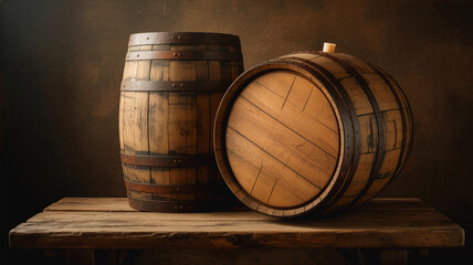 Two Old Wooden Wine Barrels on Table. A moody still life featuring two old wooden wine or whiskey barrels—