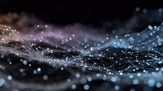 An abstract image of interconnected points and lines, resembling a digital network or wave, with a gradient of colors against a dark background.