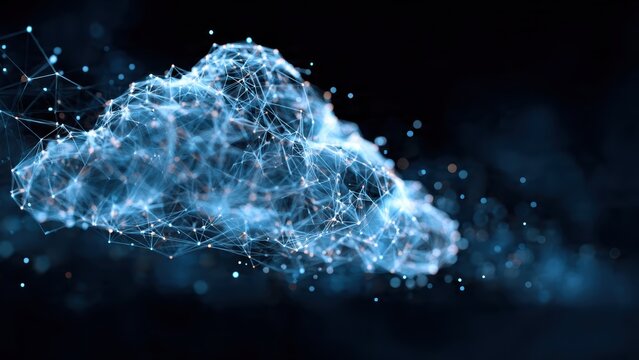 A digital representation of a cloud, formed by interconnected lines and dots, symbolizing technology and data connectivity. - Powered by Adobe