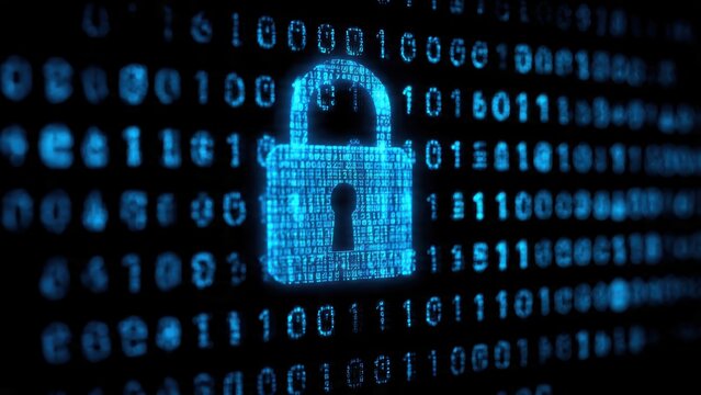 A digital lock symbol overlaid on a backdrop of binary code, representing cybersecurity and data protection.