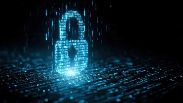 A glowing digital padlock amidst binary rain symbolizes cybersecurity and data protection in a high-tech environment.