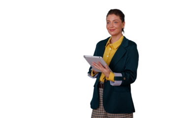 Confident businesswoman standing and holding tablet, smiling, working, consulting data with transparent background