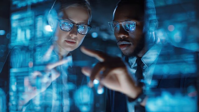 Two professionals analyze data displayed on a transparent screen, showcasing a high-tech environment with blue lighting and digital interfaces.