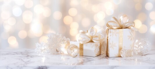 Luxury white Christmas scene with glossy white and metallic gold gift boxes, silk ribbons, crystal ornaments, marble reflective surface, soft golden bokeh lighting, elegant composition with copy space