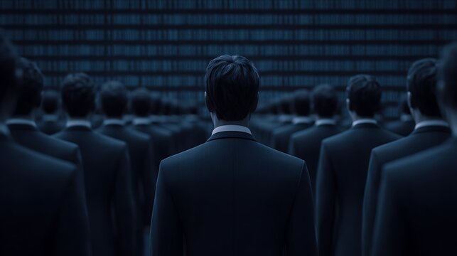 A group of identical figures in suits stands in a dark, abstract environment, emphasizing themes of conformity and anonymity.
