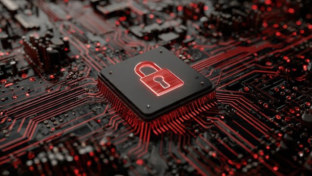 A close-up of a circuit board featuring a prominent red lock symbol, symbolizing cybersecurity and data protection technology.