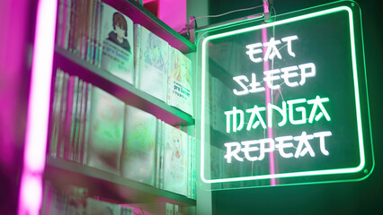 Futuristic neon sign Eat Sleep Manga Repeat beside manga comics shelf with cute anime girls, maids and gamer boy