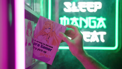 Hand pick a manga comic with cute anime gamer girl from shelf with futuristic neon sign Eat Sleep Manga Repeat in background
