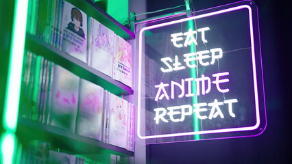 Futuristic neon sign Eat Sleep Anime Repeat beside manga comics shelf with cute anime girls, maids and gamer boy