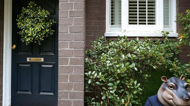 A hippo dressed in formal attire sits casually on a doorstep amidst lush greenery, adding a playful touch to the surroundings
