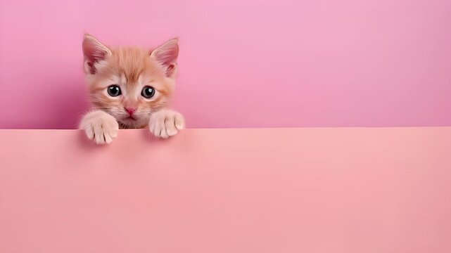 A closeup of a young orange kitten peeking out from behind a pink surface. The kittens fur is soft and fluffy, and its eyes are wide open, giving it a curious expression.