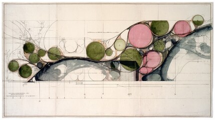 Organic landscape architecture plan featuring abstract circular forms and flowing lines, creating a contemporary blueprint or masterplan with vibrant green and pink elements