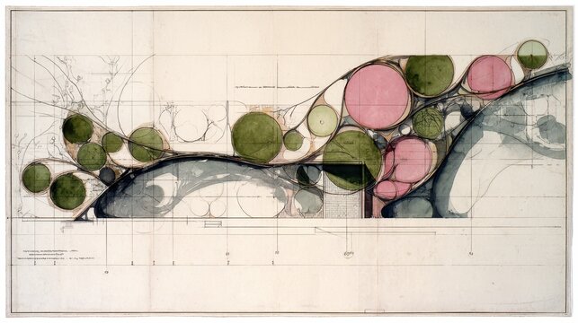 Organic landscape architecture plan featuring abstract circular forms and flowing lines, creating a contemporary blueprint or masterplan with vibrant green and pink elements